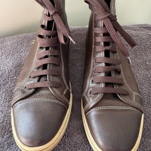 Louis Vuitton Dark Brown Leather High-Top Sneakers with Cream Sole